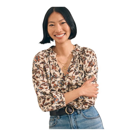 Faherty Portia Linen Blend Blouse Size XL Relaxed Fit Elevated Casual Style - Picture 2 of 11